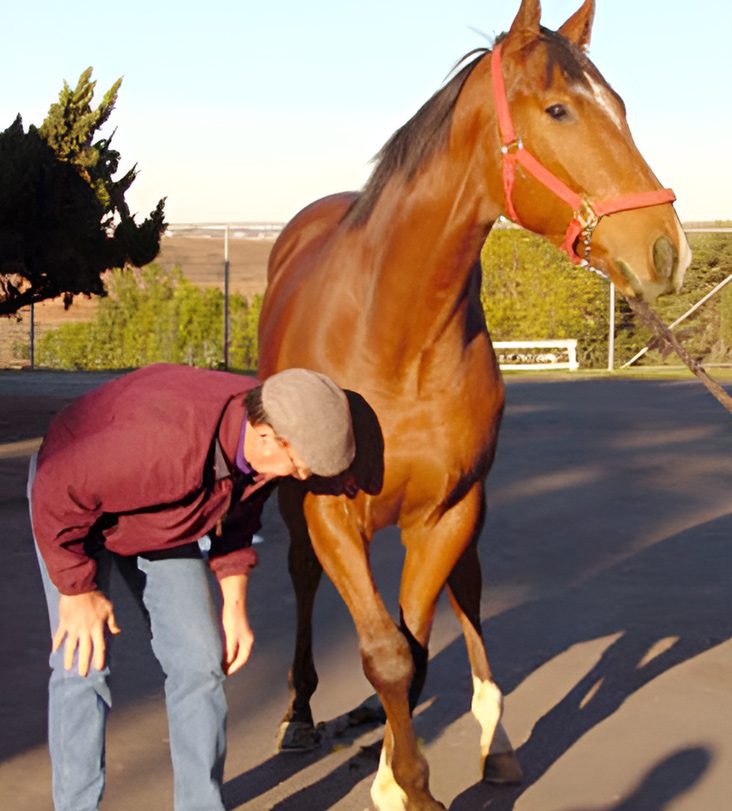 A man is bending down to pet his horse.